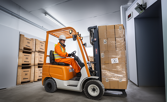 guy carrying boxes using a forklift